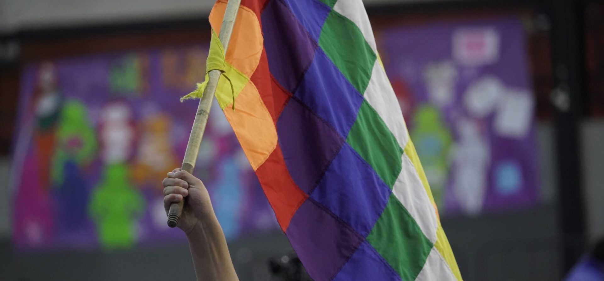 Persona sosteniendo una wiphala, bandera de cuadros multicolores que representa a los pueblos originarios