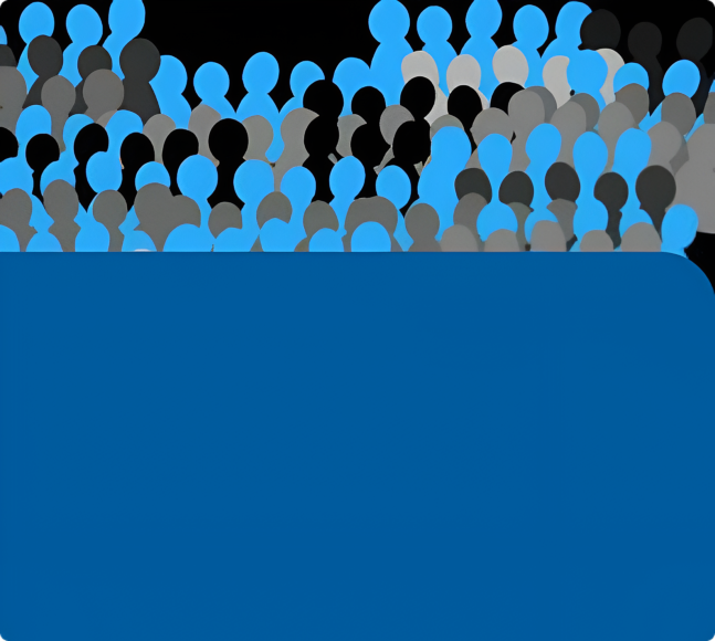 Ilustración de un grupo numeroso de siluetas humanas en colores azul, gris y negro sobre un fondo oscuro. En la parte inferior, un gran rectángulo azul con bordes redondeados cubre casi la mitad de la imagen.