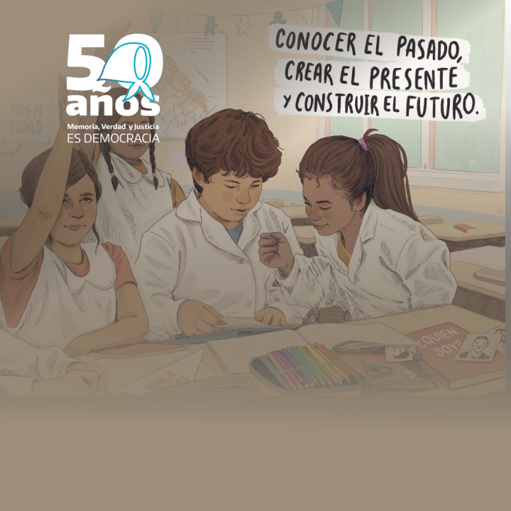 Ilustración con estudiantes participando en clase con logo 50 años de Memoria, verdad y justicia es democracia.